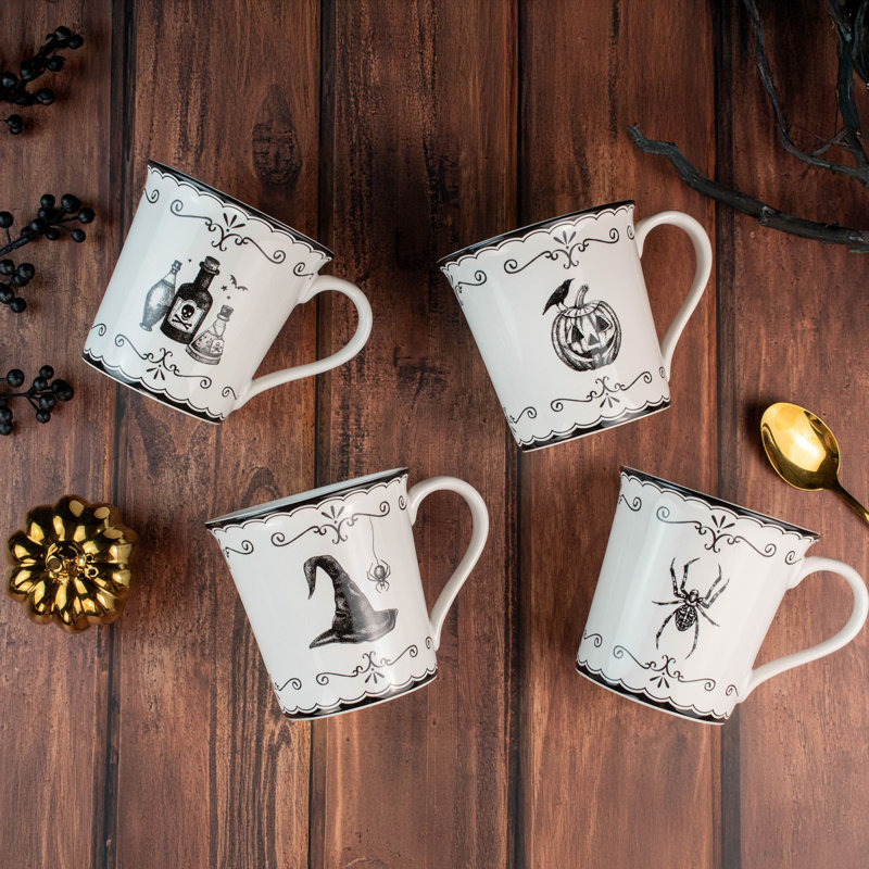222 Fifth Elegant Haunting 4-Piece White Porcelain Halloween Mug